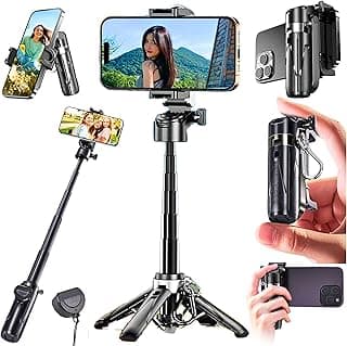 Mini Selfie Stick Tripod with Remote, 3-in-1 Portable Phone Tripod Grip with 2 Cold Shoe Mounts, 360° Rotation Pocket Size Phone Holder for iPhone, Android, Vlog, Livestreaming, Photography (P15 MINI)