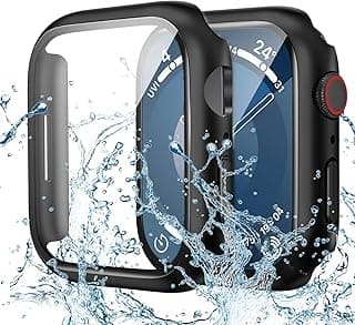 جراب Goton مقاوم للماء لـ ابل واتش مع واقي شاشة 45 ملم Series 7 8 9، غطاء وجه زجاج مقسى لـ iWatch (أسود)
