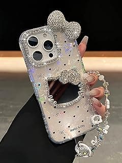 جراب Fekra بتصميم هيلو كيتي 3D بمرآة لامعة لهاتف iPhone 15 Pro مع حبل تعليق