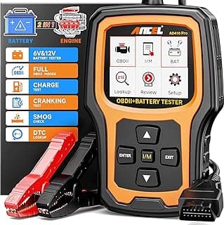 انسيل جهاز اختبار بطارية AD410PRO OBD2 2 في 1، ماسح ضوئي OBD2 عالمي لقارئ رموز اعطال السيارة مع وظائف OBDII الكاملة، اختبارات بطارية 6 فولت/12 فولت واختبارات الشحن، اختبارات بدء 24 فولت