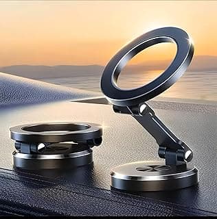 Magnetic Car Phone Holder, Full Metal Dashboard Mount with Strong Magnet, Adhesive Base, 360 Rotation and Foldable Arm, Fits Smartphones for Hands Free Driving