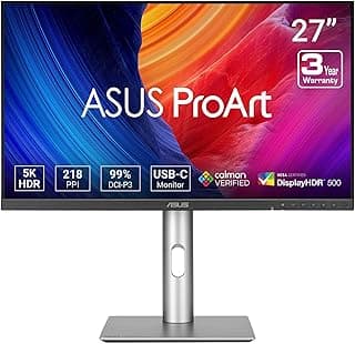 اسس شاشة برو ارت 27 انش 5K HDR احترافية (PA27JCV) - 5K (5120 × 2880)، IPS، 99% DCI-P3، 100% sRGB، 2، USB-C PD 96 واط، معتمدة من كالمان، دقة الالوان، KVM، لوكس بيكسل، 3 سنوات