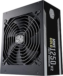 باور سبلاي MWE جولد 1250 بمنفذ V2 ATX 3.0 (فيشة A/EU) من كولر ماستر، دعم موصلات ATX 3.0، موديل 80 بلس جولد 1050 واط، كأبل أسود مسطح، مروحة FDB مقاس 140 ملم، عتبة درجة حرارة عالية