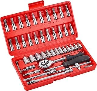 KOOPOOL 46 Pieces 1/4 inch Drive Socket Ratchet Wrench Set, with Bit Socket Set Metric and Extension Bar, Spinner Handle, Sliding Bar, Bit Adapter and Hex Wrenches for Auto Household with Storage Case