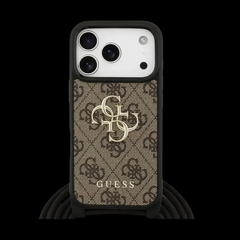 Guess 4G PU Leather Case With Strap big 4G Logo & Lanyard For iPhone 17 Pro – Brown
