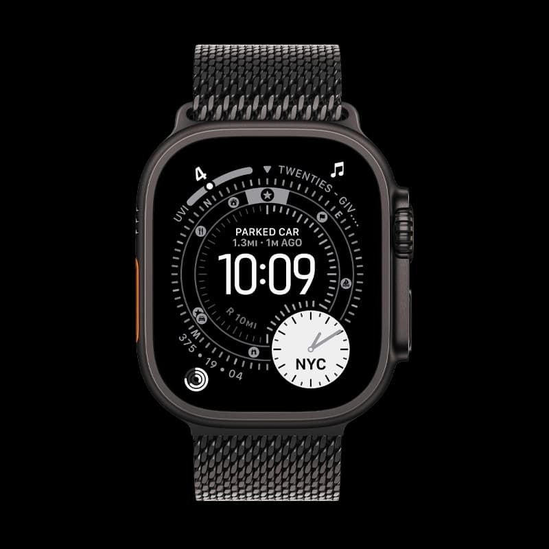 ساعة ابل Ultra 3 مقاس 49 مم تيتانيوم أسود مع سوار Milanese Loop أسود