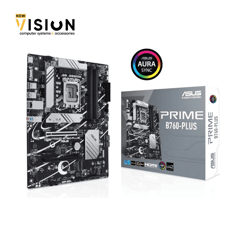ASUS Prime B760-PLUS, an Intel® B760 LGA 1700 ATX motherboard with PCIe 5.0, three PCIe 4.0 M.2 slots, DDR5, Realtek 2.5Gb Ethernet, DisplayPort, VGA, HDMI™, SATA 6 Gbps, USB 3.2 Gen 2×2 Type-C®, front USB 3.2 Gen 1 Type-C®, Thunderbolt™ (USB4®) support, Aura Sync