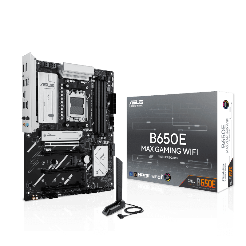 ASUS AMD B650E ATX motherboard, DDR5, PCIe 5.0 Ready, three M.2 slots, Wi-Fi 6E, Realtek 2.5Gb Ethernet, DisplayPort, HDMI™, rear USB 10Gbps Type-A & Type-C® support, BIOS FlashBack™, Aura Sync