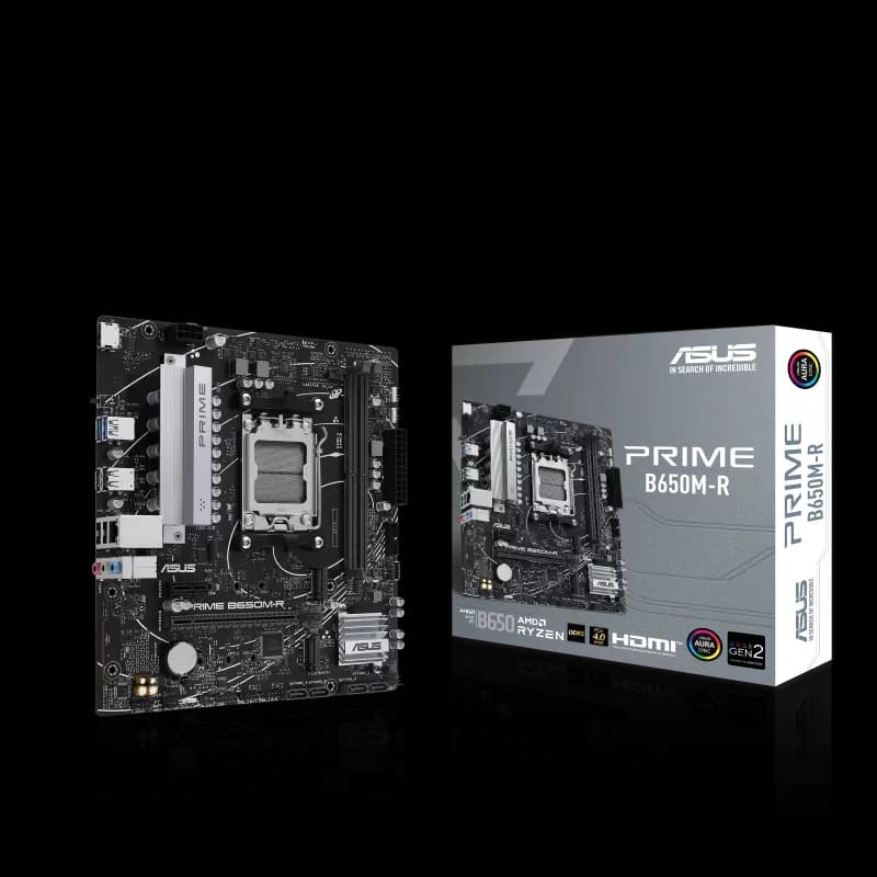 ASUS PRIME B650M-R AMD B650 Micro-ATX motherboard, DDR5, PCIe 4.0 support, Realtek 2.5Gb Ethernet, HDMI™, SATA 6 Gbps, front USB 5Gbps Type-C®, BIOS FlashBack™, Two-Way AI Noise Cancelation, Aura Sync