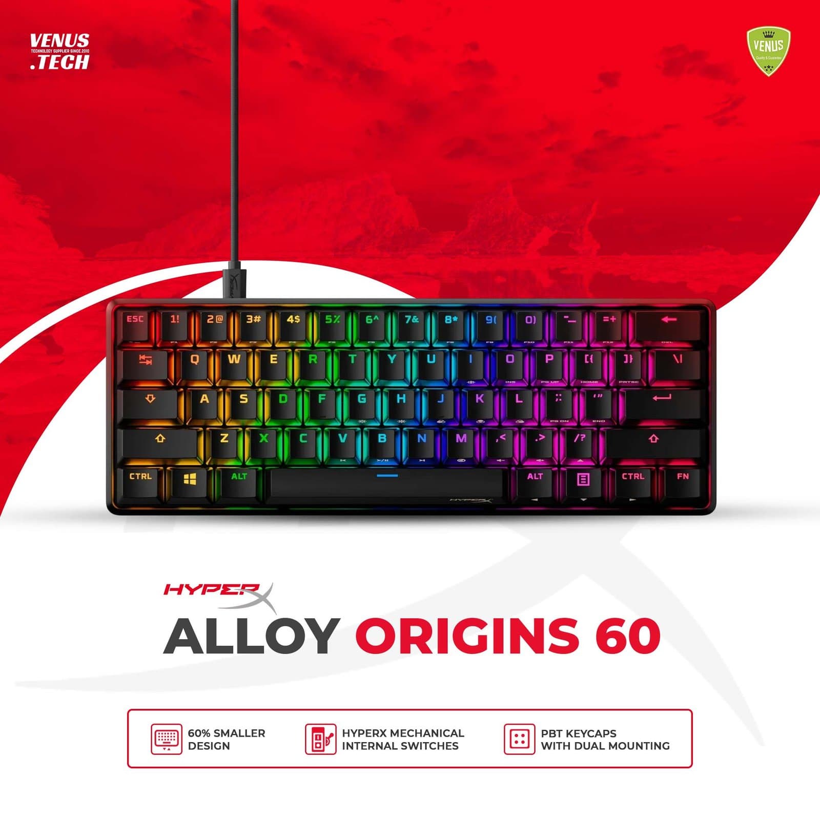 HyperX Alloy Origins 60 – Mechanical Gaming Keyboard | Ultra Compact 60% Form Factor | Double Shot PBT Keycaps | RGB LED Backlit | NGENUITY Software Compatible | Linear HyperX Red Switch | Black