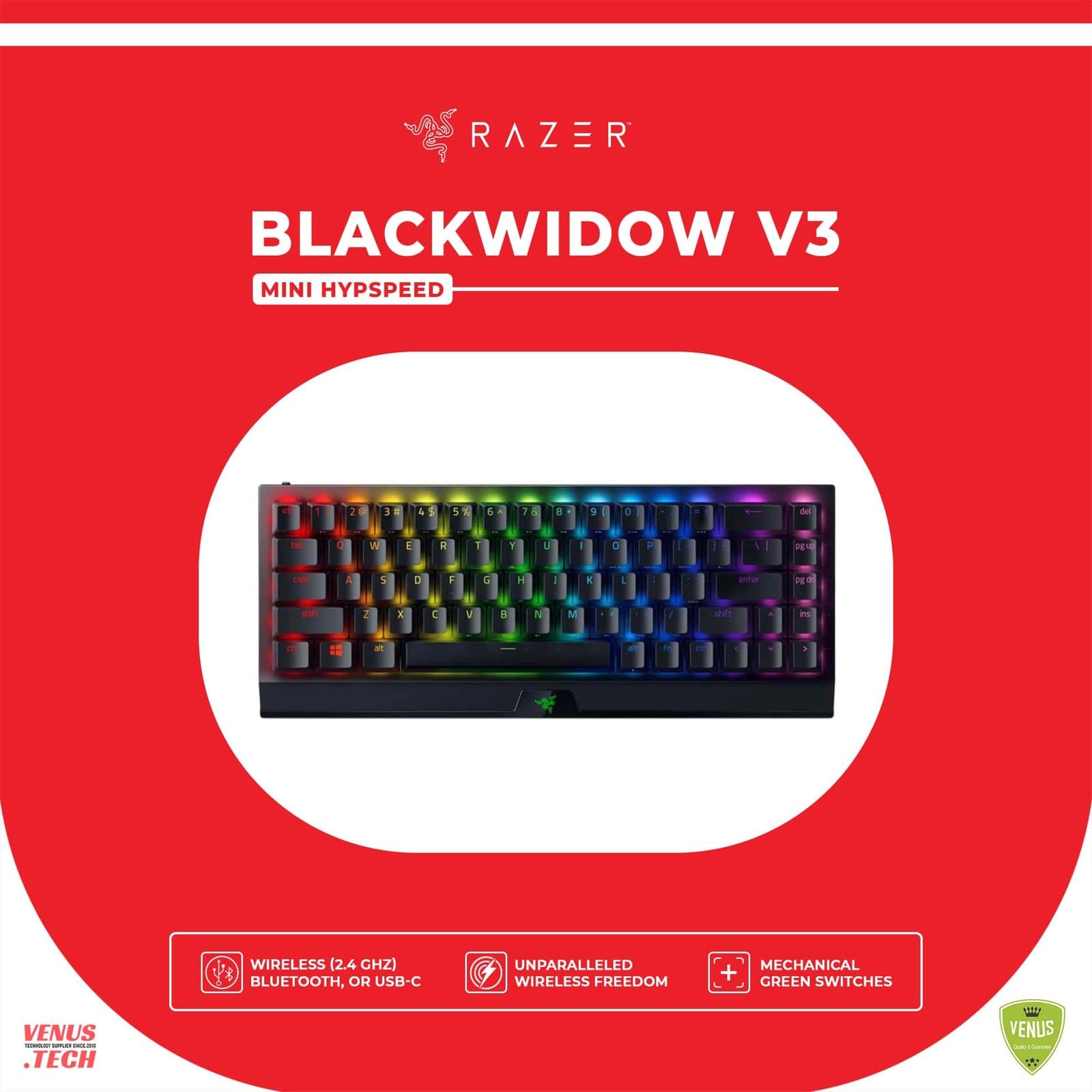 Razer Blackwidow V3 Mini Hyperspeed – Phantom Pudding Edition – 65% Wireless Mechanical Gaming Keyboard, Green Switches with with Chroma RGB (Rz03-03892000-R3M1)-Black