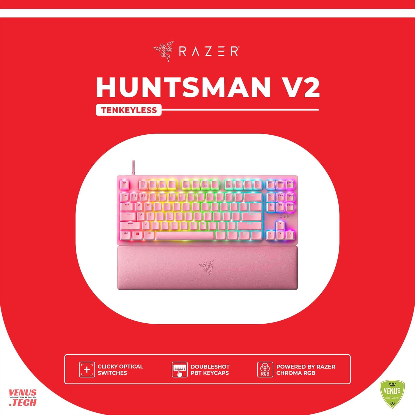 Razer Huntsman V2 Tenkeyless (Red Switch) – Optical Gaming Keyboard (Linear Optical Switches, Doubleshot PBT Keycaps, Wrist Rest) QWERTY US Layout | Quartz Pink