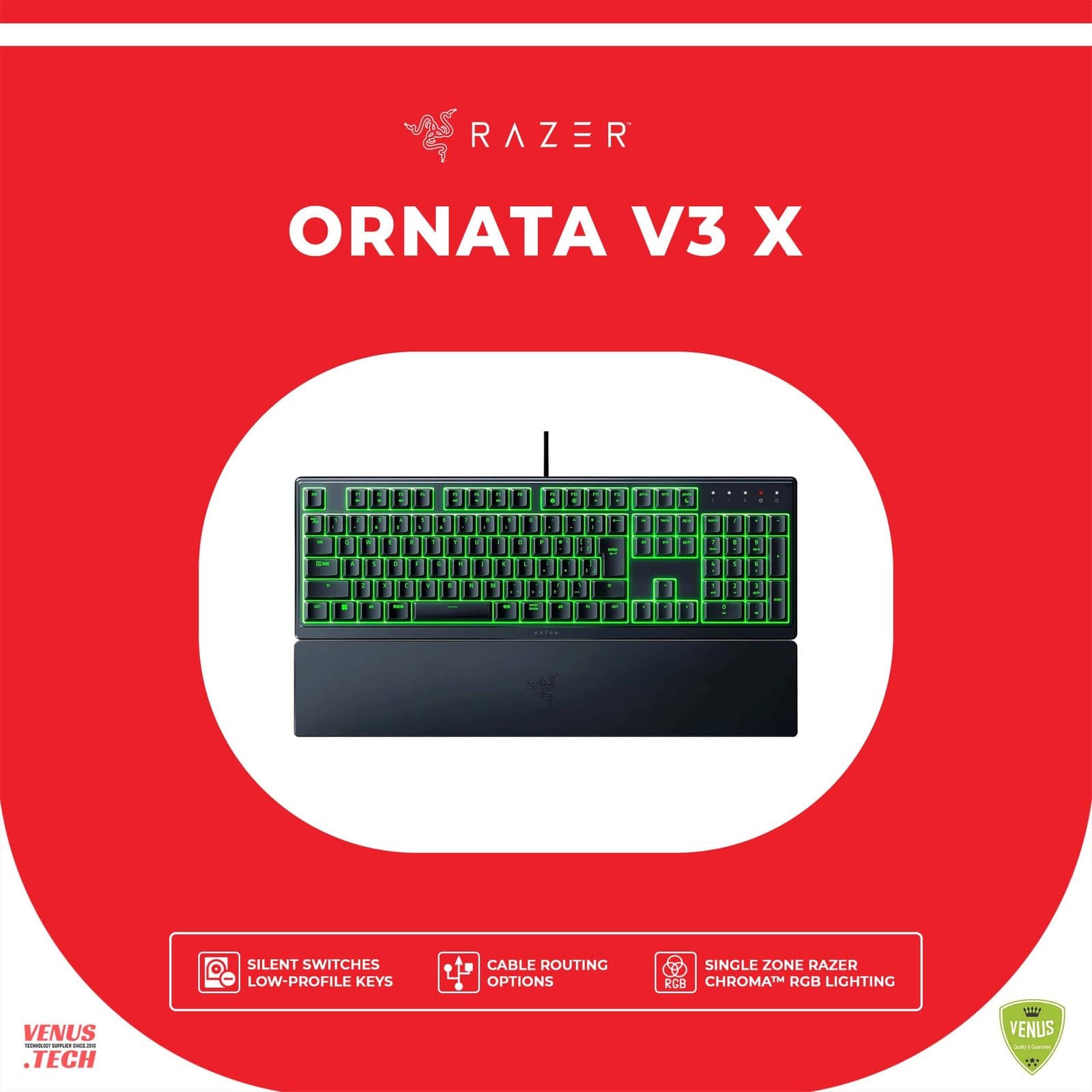 Razer Ornata V3 X Gaming Keyboard: Low-Profile Keys – Silent Membrane Switches – UV-Coated Keycaps – Spill Resistant – Chroma RGB Lighting – Ergonomic Wrist Rest – Classic Black – RZ03-04470100-R3M1