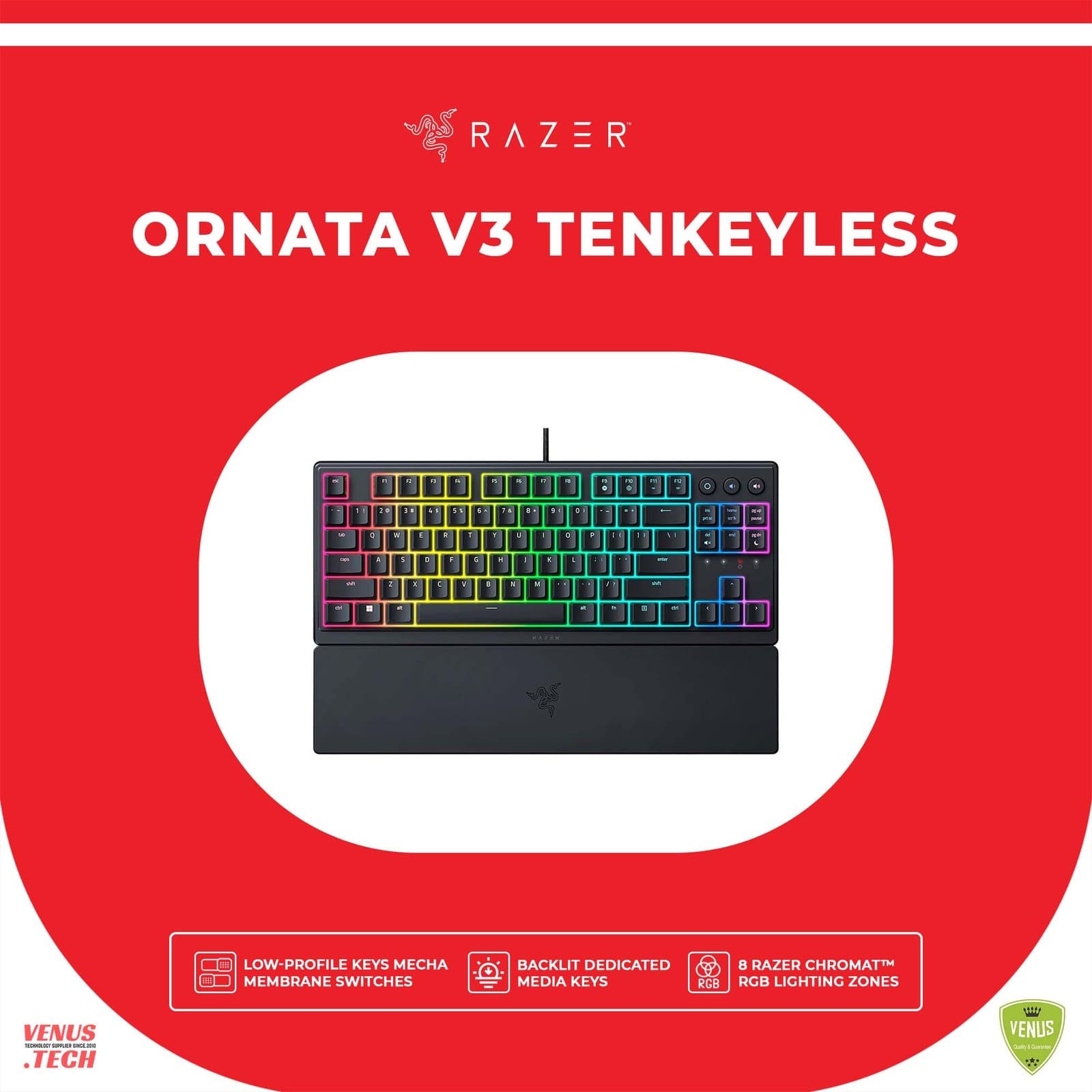 Razer Ornata V3 Tenkeyless – Low Profile Gaming Mechanical Membrane Wired Keyboard-Black-RZ03-04880100-R3M1
