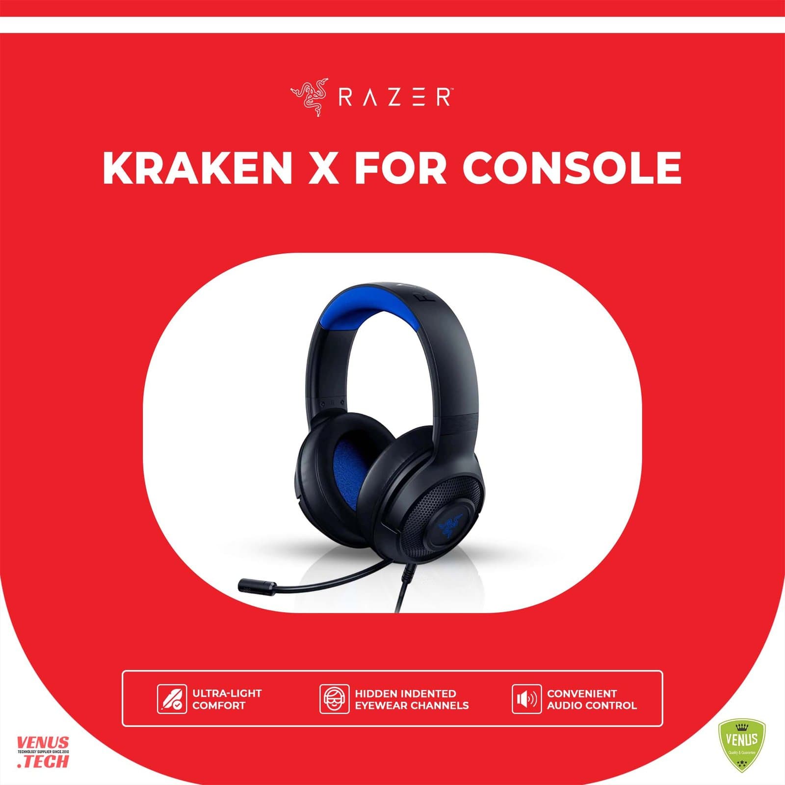 Razer Kraken X for Console Ultralight Gaming Headset – 7.1 Surround Sound Capable, Lightweight Frame, Bendable Cardioid Microphone for PC, Xbox, PS4, Nintendo Switch  RZ04-02890200-R3M1