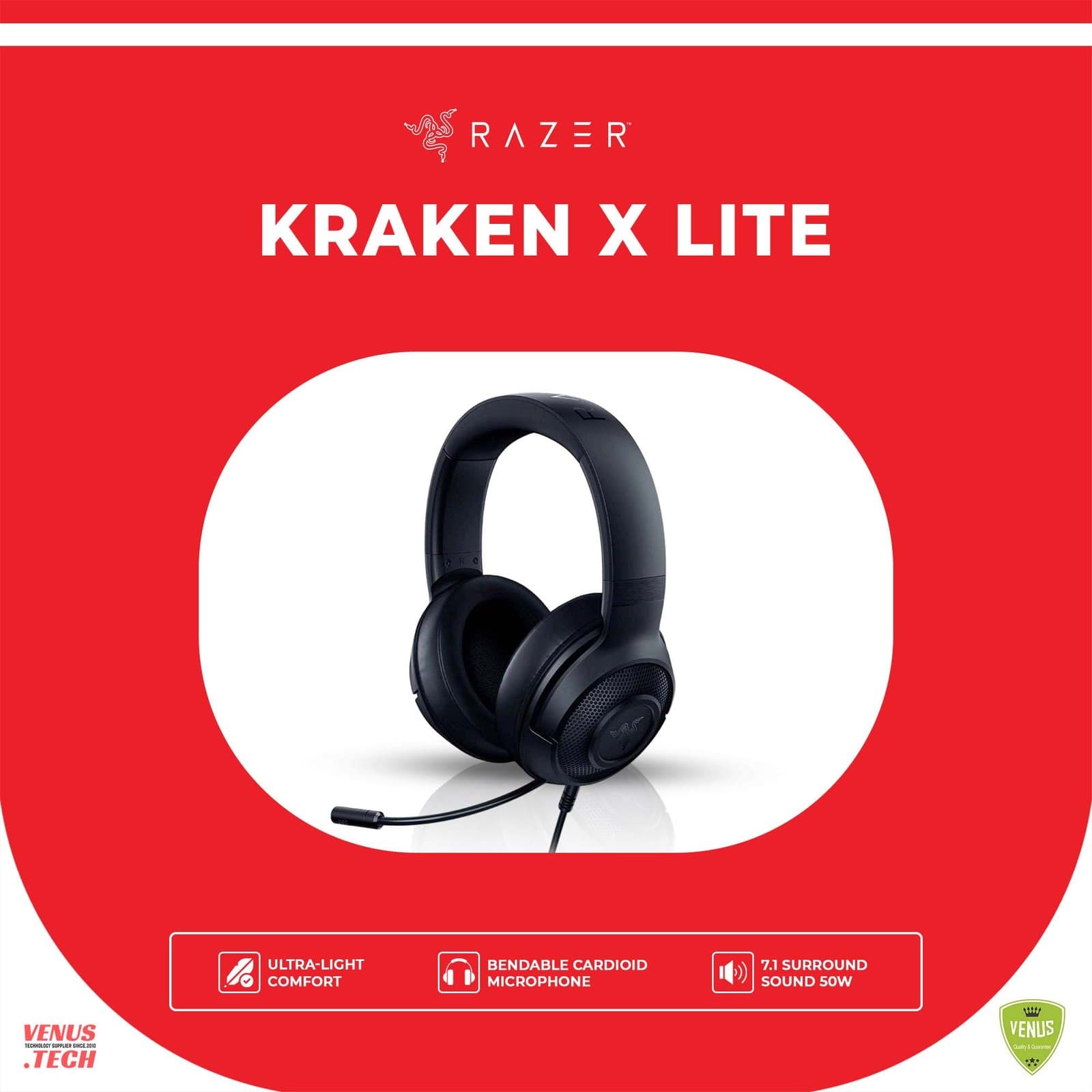 Razer Kraken X Lite Ultralight Gaming Headset: 7.1 Surround Sound – Lightweight Aluminum Frame – Bendable Cardioid Microphone – for PC, PS4, PS5, Switch, Xbox One, Xbox Series X & S, Mobile – Black
