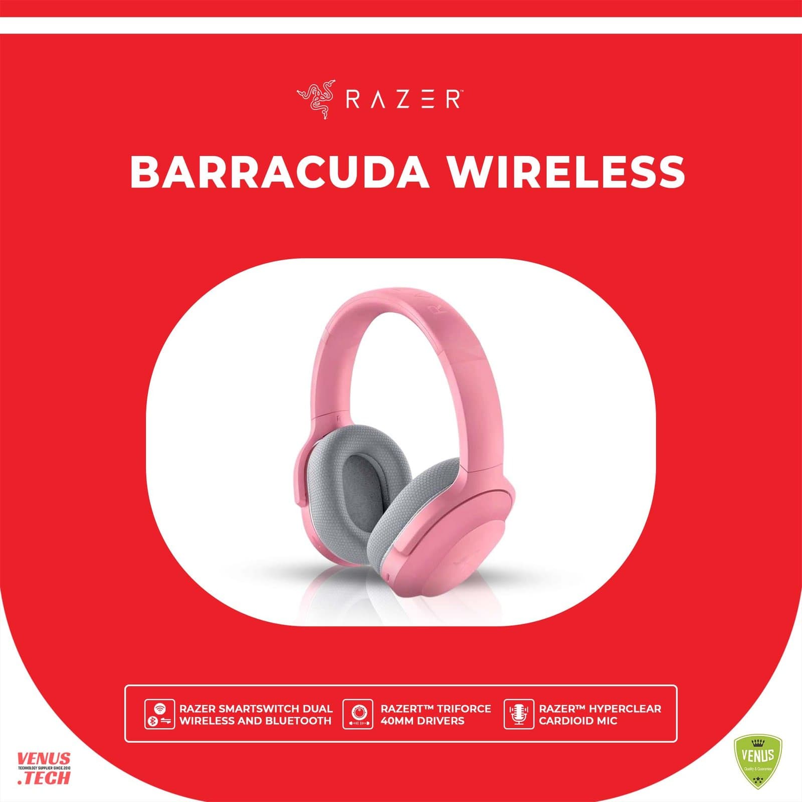 Razer Barracuda – Wireless Multi-Platform Gaming and Mobile Headset – Quartz Pink Ear Headset – Quartz Edition -RZ04-03790300-R3M1