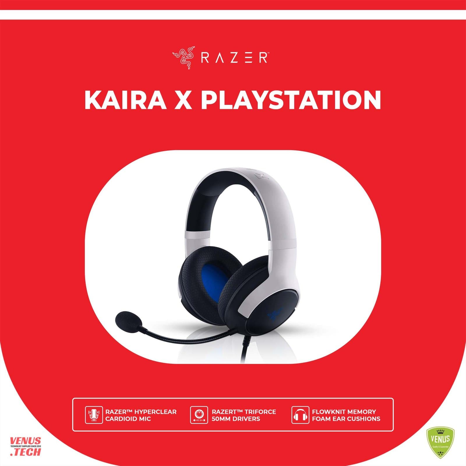 Razer Kaira X Wired Gaming Headset for Playstation 5 / PS5, PS4, PC, Mac, Mobile: 50mm Drivers – HyperClear Cardioid Mic – Memory Foam Cushions – On-Headset Controls – White & Black