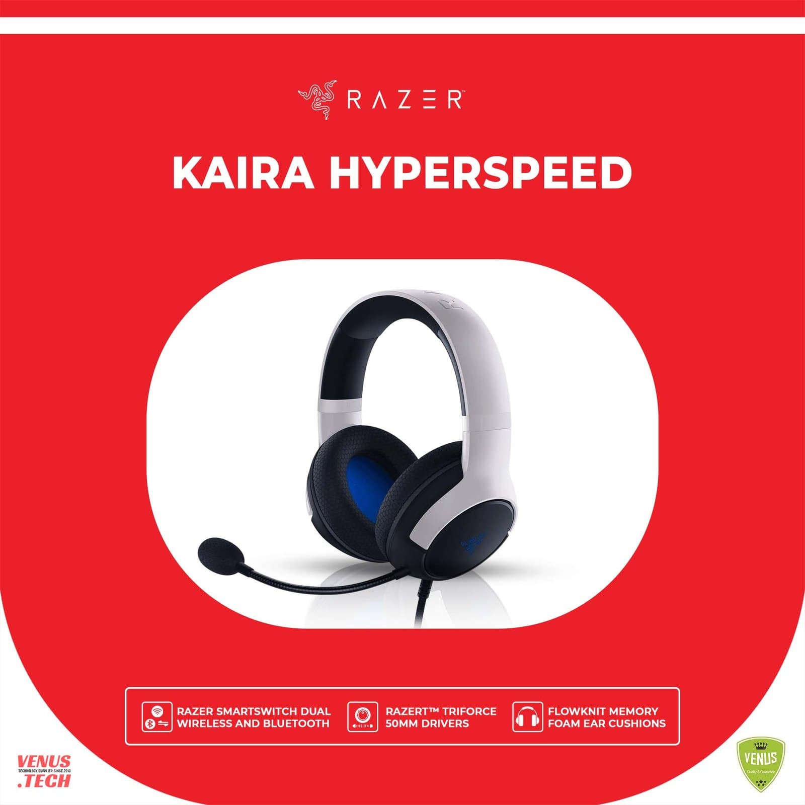 Razer Kaira HyperSpeed Wireless Gaming Headset for Playstation 5 / PS5, PS4, PC, Mobile: 50mm Drivers – HyperClear Cardioid Mic – Memory Foam Cushions – Bluetooth – 30 Hr Battery – White & Black