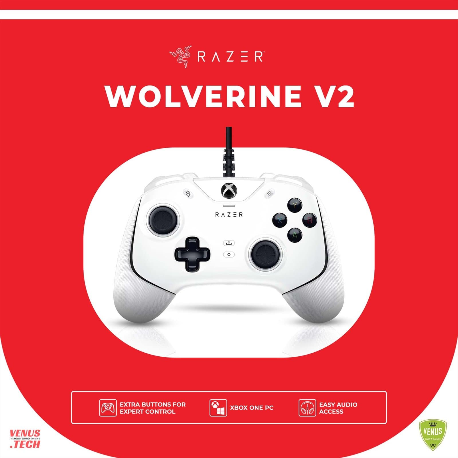 يد تحكم ريزر Wolverine V2 سلكية للجيمنج لجهاز Xbox Series X/S/One و PC (زرين إضافيين قابلين للبرمجة، أزرار أكشن و D-Pad، وضع Hair Trigger، منفذ صوت 3.5 مم) - ميركوري