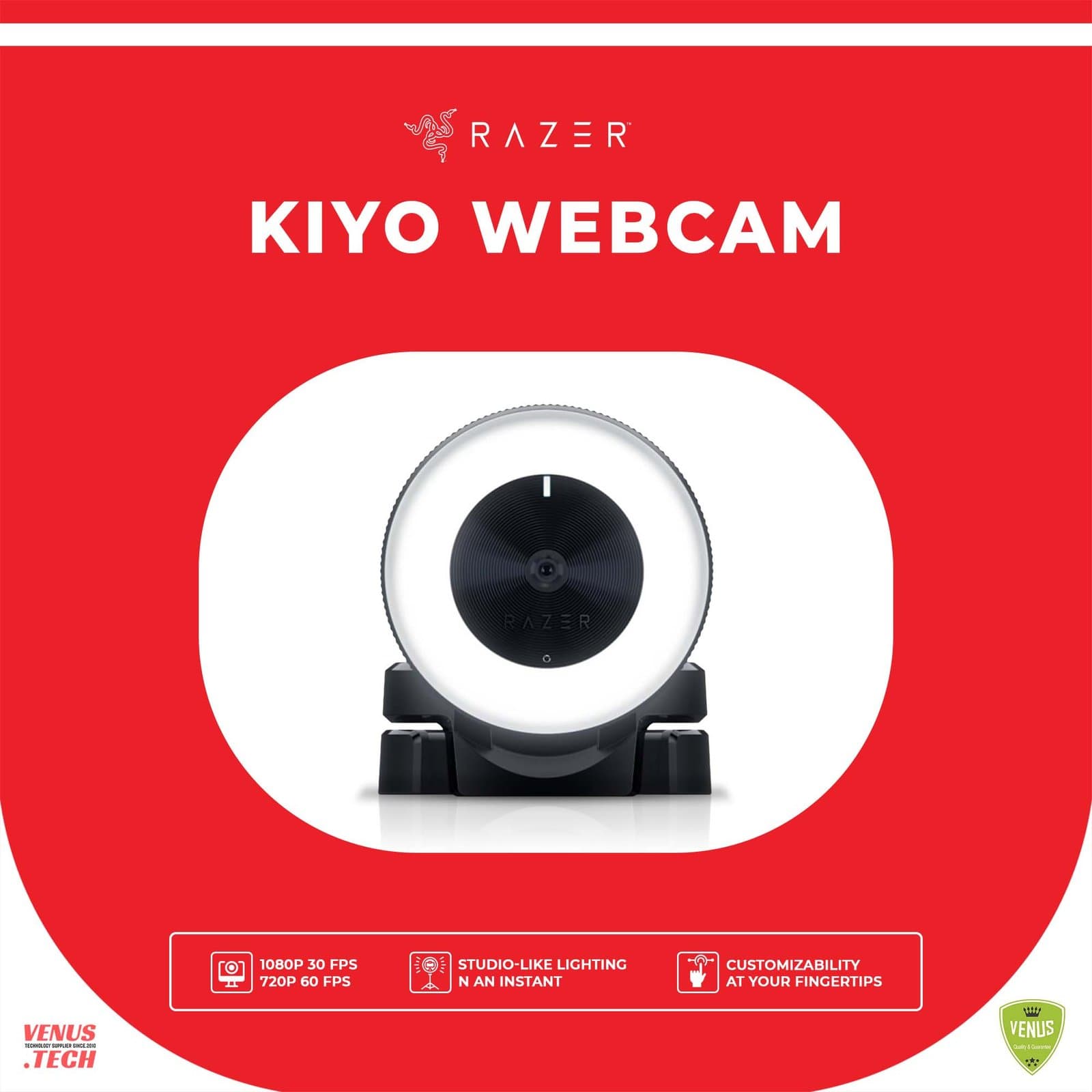 Razer Kiyo 1080p 30 FPS/720 p 60 FPS Streaming Webcam | with Adjustable Brightness Ring Light | Built-in Microphone and Advanced Autofocus