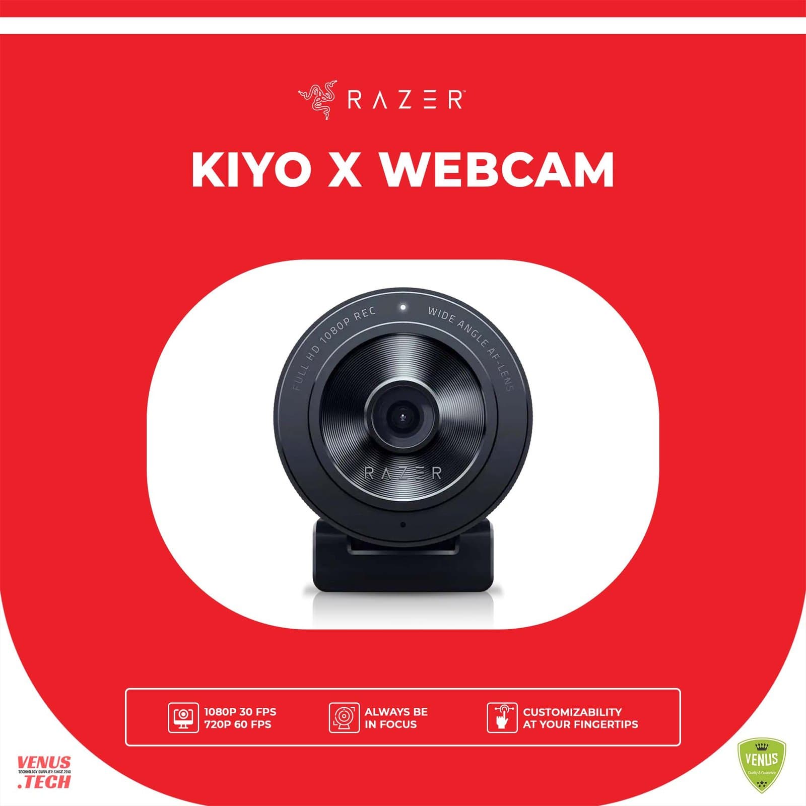 Razer Kiyo X Full HD Streaming Optical Zoom 3X Webcam: 1080p 30FPS or 720p 60FPS, Black