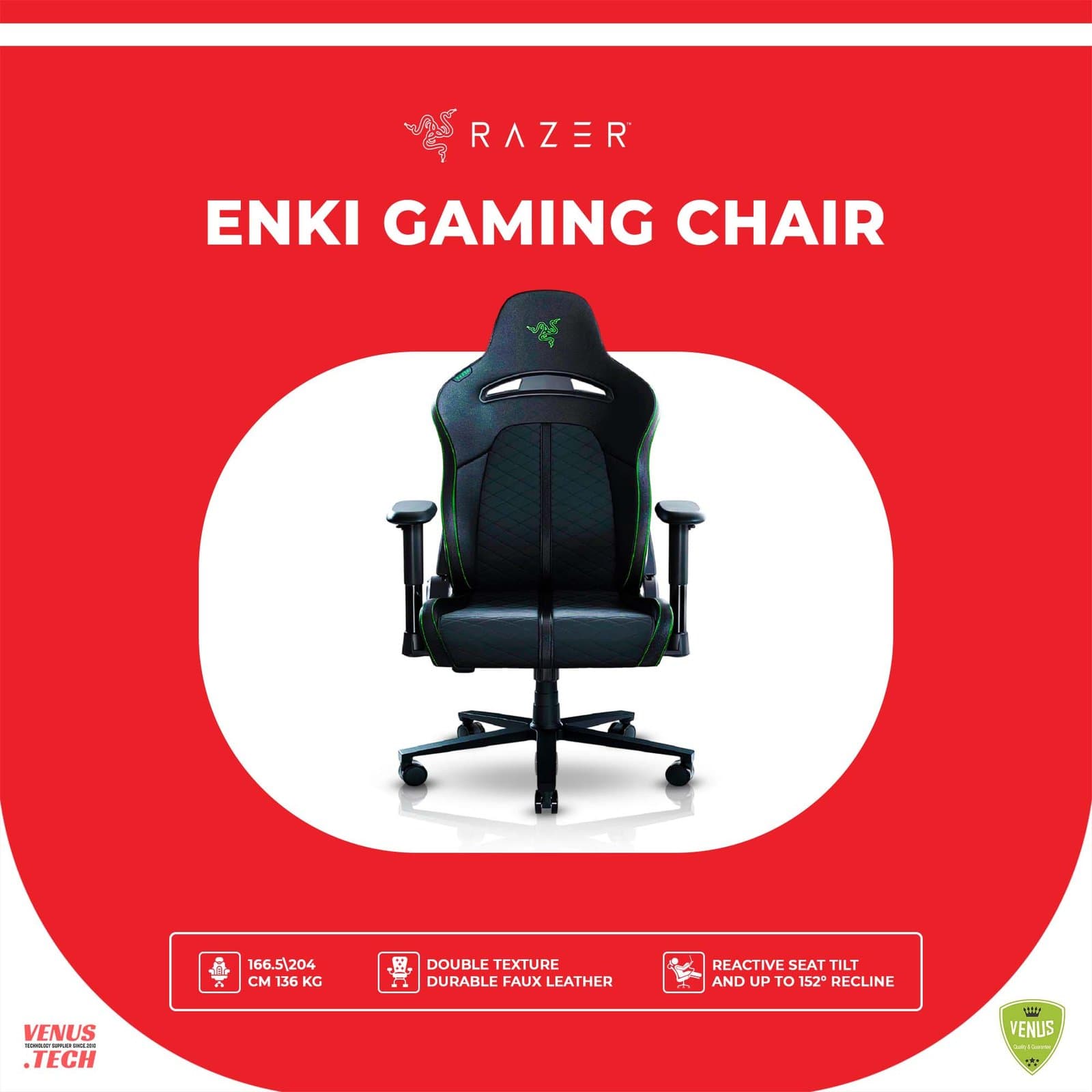 Razer Enki Gaming Chair: All-Day Gaming Comfort – Built-in Lumbar Arch – Optimized Cushion Density – Dual-Textured, Eco-Friendly Synthetic Leather – Reactive Seat Tilt & 152-Degree Recline – Black