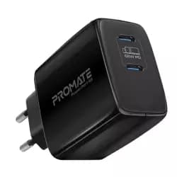 شاحن حائط Promate بتقنية GaN وقدرة 65W بمنفذين USB-C مع خاصية الشحن السريع والحماية من الشحن الزائد - أسود