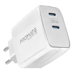 شاحن حائط Promate بتقنية GaN وقدرة 65W بمنفذين USB-C مع خاصية الشحن السريع والحماية من الشحن الزائد - أبيض