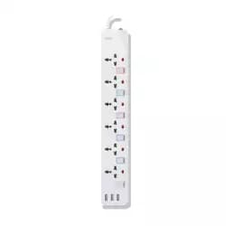 مشترك كهرباء SIA ENDURING GEN1، طول 2 متر، عدد 6 مقابس + 3 منافذ USB - أبيض (SI-PS003W)