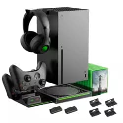 قاعدة رأسية متوافقة مع جهاز Xbox Series X، محطة شحن مزدوجة مع 2 بطارية قابلة للشحن لذراع تحكم Xbox Series X، مع 10 فتحات لألعاب الفيديو وحامل سماعة و 4 أغطية