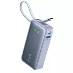 انكر نانو باور بانك، سعة بطارية 10,000 مللي امبير، شحن سريع ثنائي الاتجاه 30 وات، منافذ USB Type-C و USB Type-A، كابل Type-C مدمج 19 سم، لون ازرق ايس ليك | A1259H31