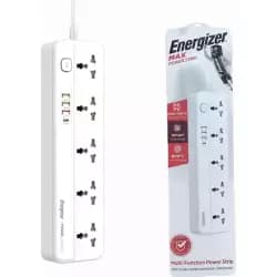 مشترك كهرباء Energizer Max بقوة 10A مع حماية ذكية من زيادة التيار، 5 مخارج و 3 منافذ QC18w USB A و PD20w/2500w - أبيض