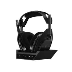 لوجيتك G Astro A50 X سماعة جيمنج لاسلكية متعددة المنصات + قاعدة شحن لـ PS5، Xbox، PC: نظام PLAYSYNC، HDMI 2.1 4K 120Hz VRR، بطارية 24 ساعة، 2.4GHz وبلوتوث - أسود (مفتوح العلبة)