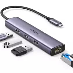 محول يوجرين USB C إلى إيثرنت، 4 في 1 هب مع 3 منافذ USB 3.0 ومنفذ جيجابت RJ45، متوافق مع ماك بوك برو/اير، XPS، ايباد برو، ايفون (60600)