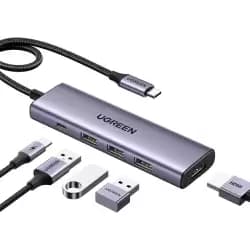 هاب UGREEN 5 في 1 USB-C، 100W PD، دقة 4K@30Hz HDMI، سرعة تصل إلى 5 Gbps عبر 3 منافذ USB-A، تصميم نحيف، توافق واسع، رمادي | 15596