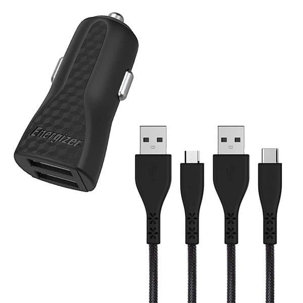 Energizer Car Charger 2.4A with Dual USB-A to USB-C Cables included , Black – DC2BLCMM