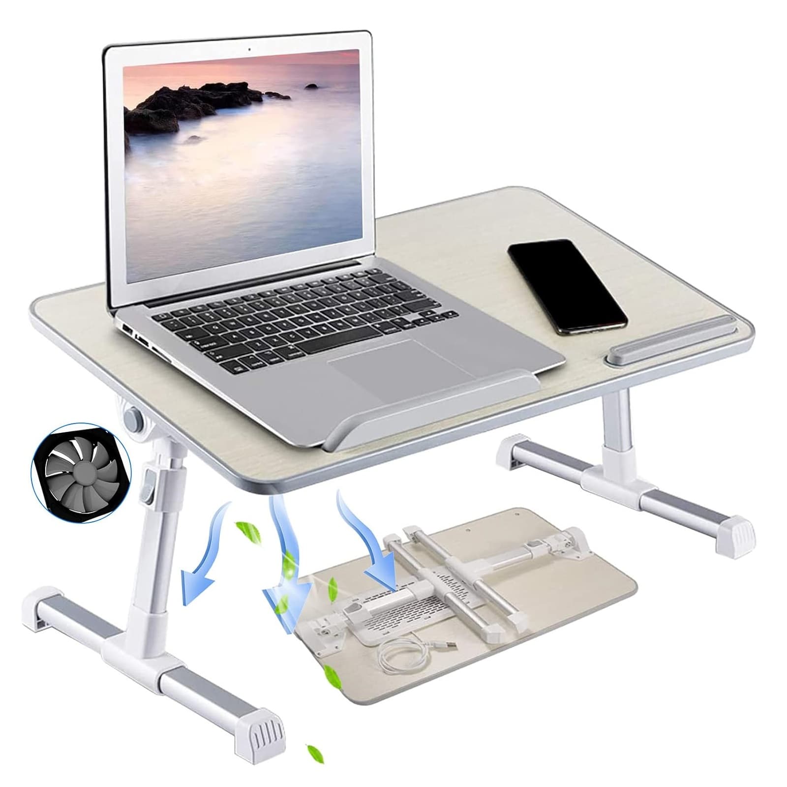 Foldable Laptop Table Desk With USB Fan Cooler -Multi High Levels | Beige