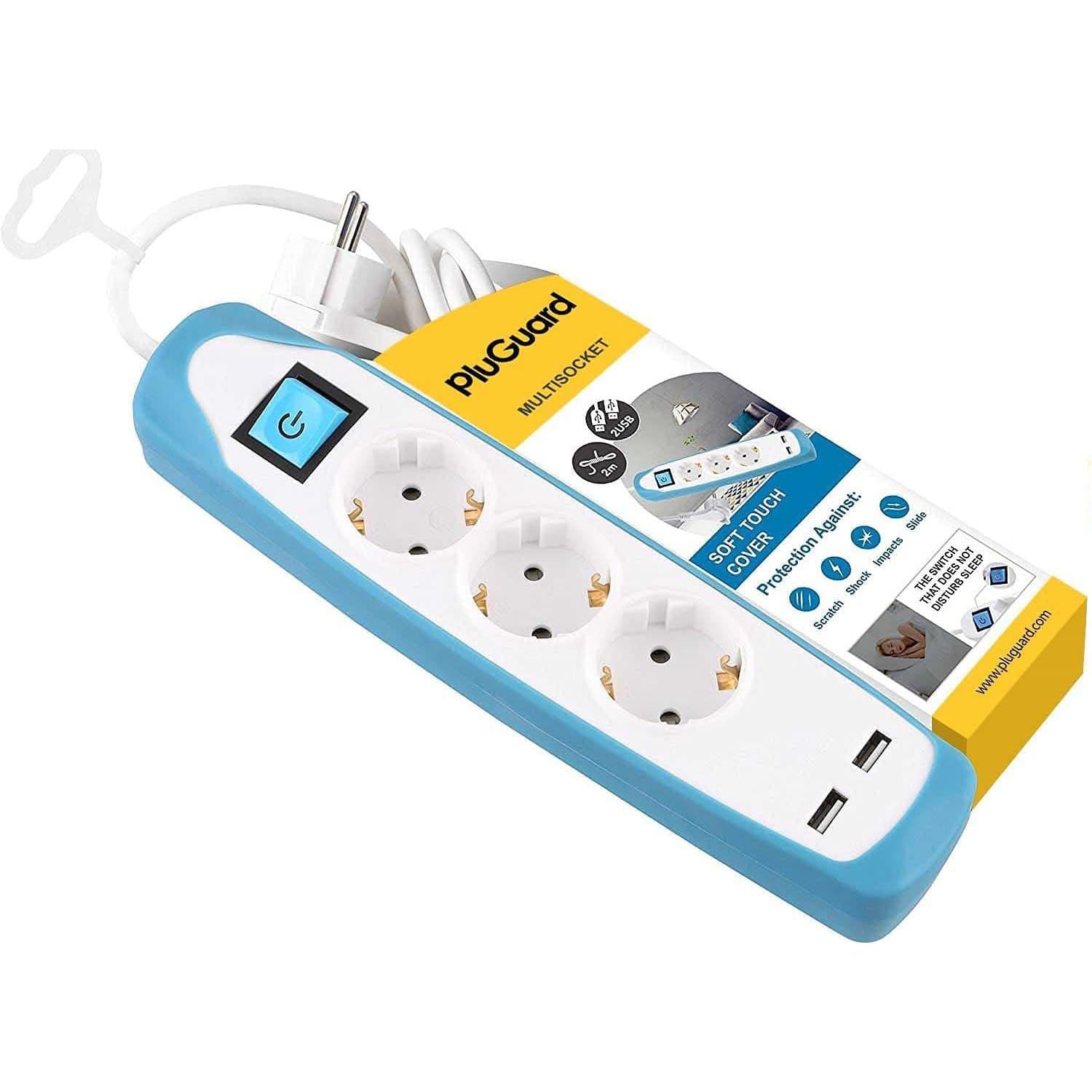 PluGuard Power Strip 3 Outlets with Switch and Silicon Cover – 2 USB / 2.1 A – 2m Cable -White | (M-316)