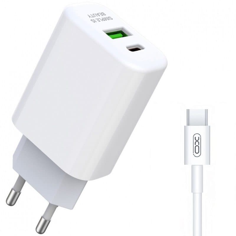 XO-L85A PD 20W+ QC 3.0 Fast Charger – Double USB 2.4A  with Cable Type-C | White