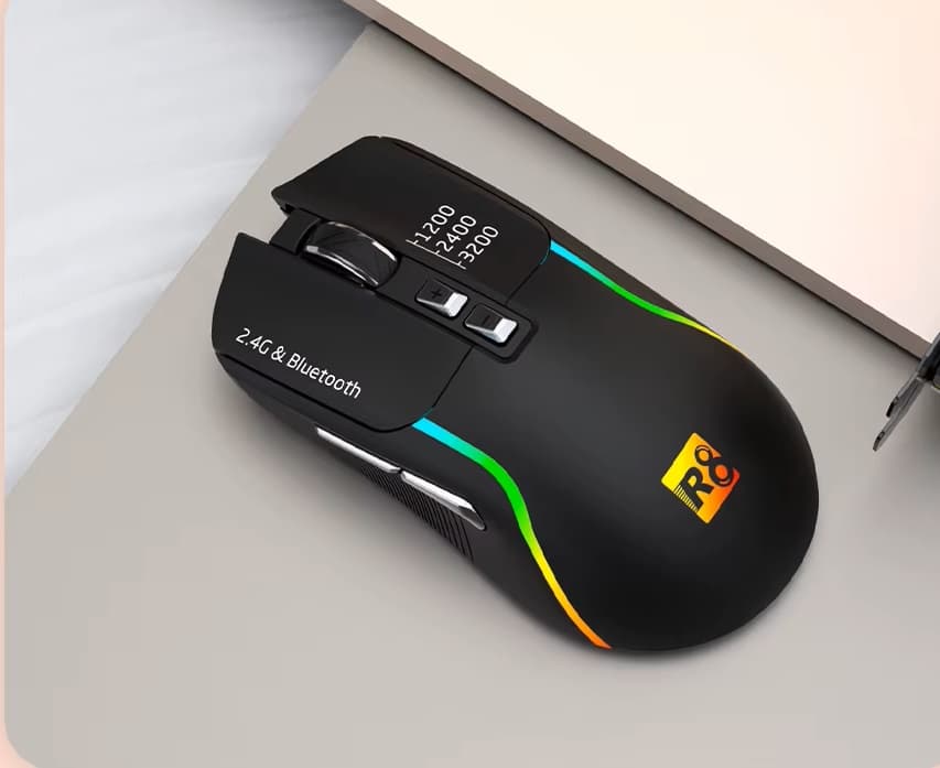 ماوس لاسلكي R8 1761 قابل للشحن بإضاءة RGB ووضع مزدوج بلوتوث / لاسلكي - 3200DPI | أسود