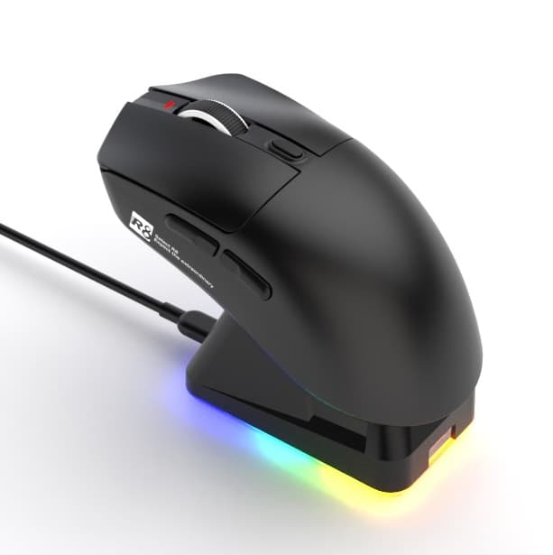 R8 G313 Rechargeable Tri-Mode Gaming Mouse ( BT/ 2.4G / Wired ) with RGB Magnetic Charging Base – 6D Programmable (Software ) | Black