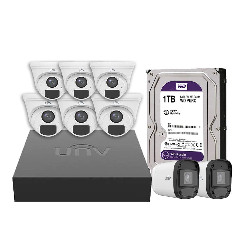 Uniview System XVR 4 Channel 1TB HDD 8-Ch 1U Digital Video Recorder + 8 Camera 2 MP Indoor * Oudoor