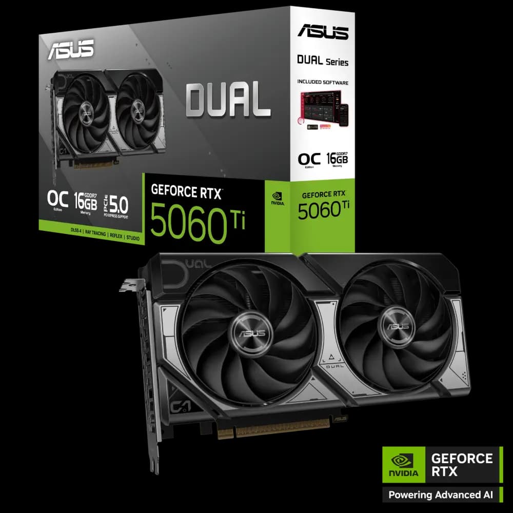 ASUS Dual GeForce RTX 5060 Ti 16GB GDDR7 – 2632MHz OC, PCIe 5.0, 4608 CUDA Cores, DLSS 4, Dual-Fan Cooling, Blackwell